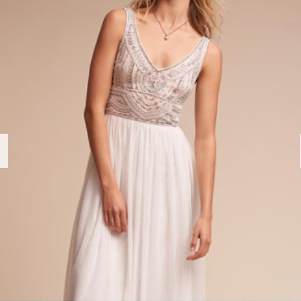 BHLDN Ivory Beaded Bodice Sterling V-Neck Wedding Gown Bridesmaid Cocktail 10